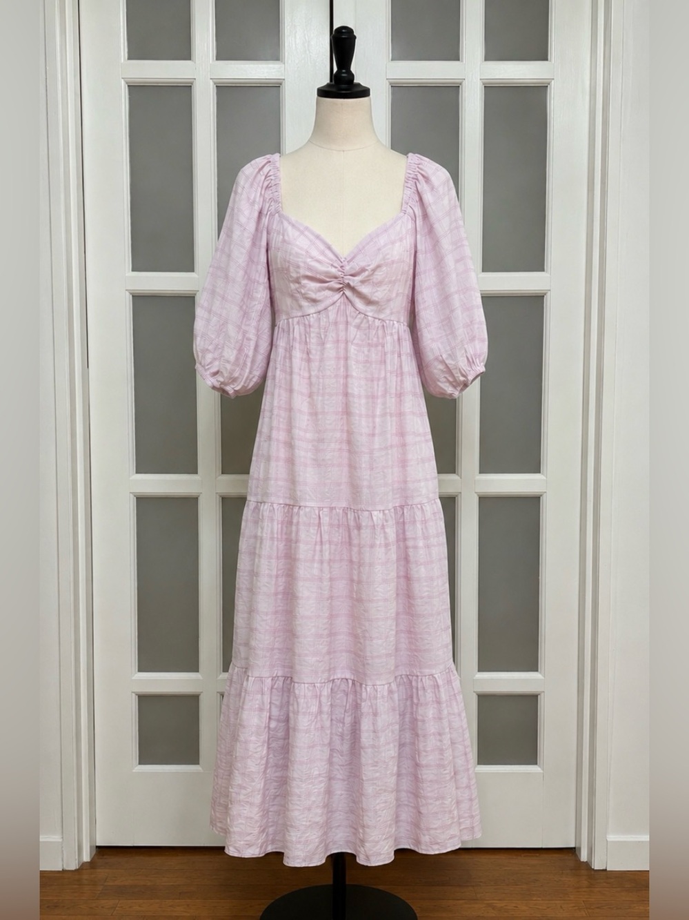 Minkpink Pink Plaid Puff Sleeve Cottagecore Midi Nap Dress Sz M